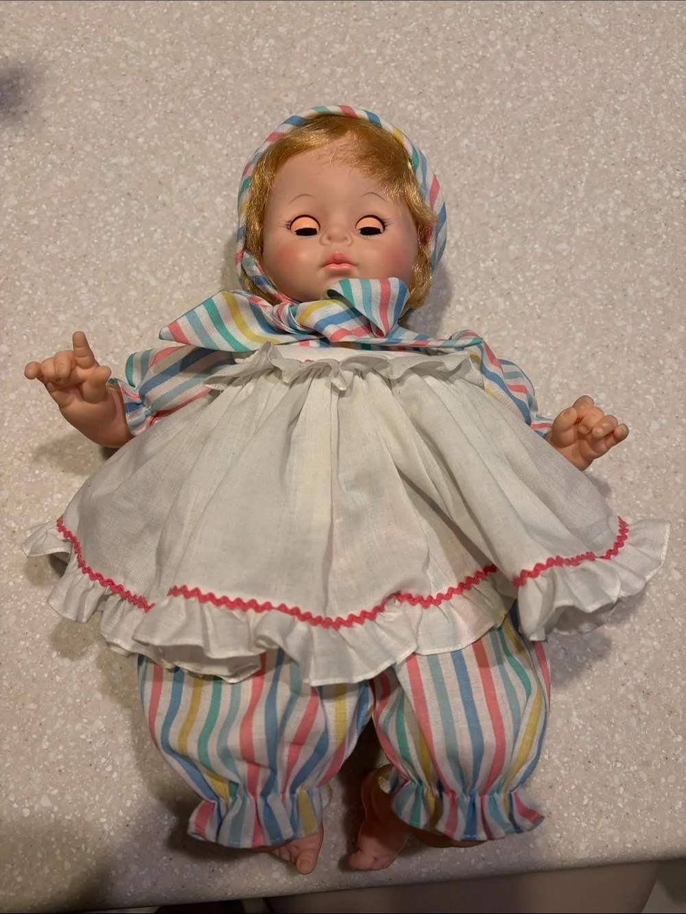 Vintage- Madame Alexander Baby Doll in White Dress with Multicolor Stripes